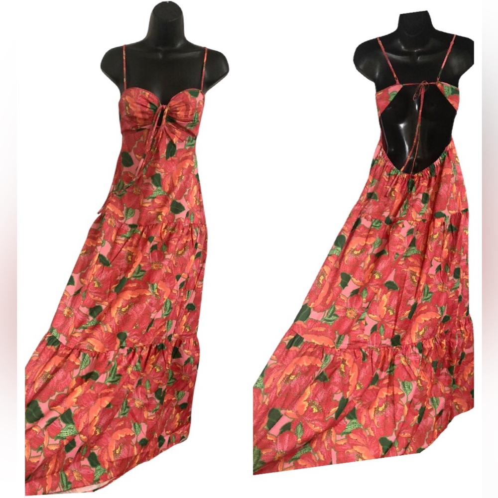 Red pink tropical multi floral print bust tie open back maxi dress size M new